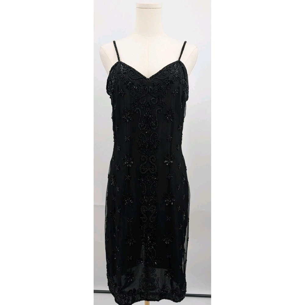 Scala Black Beaded Silk Short Dress Sz Med Designer Vintage Cocktail Elegant
